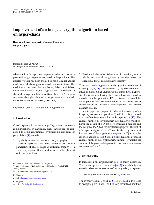 (PDF) Improvement of an image encryption algorithm based on hyper-chaos