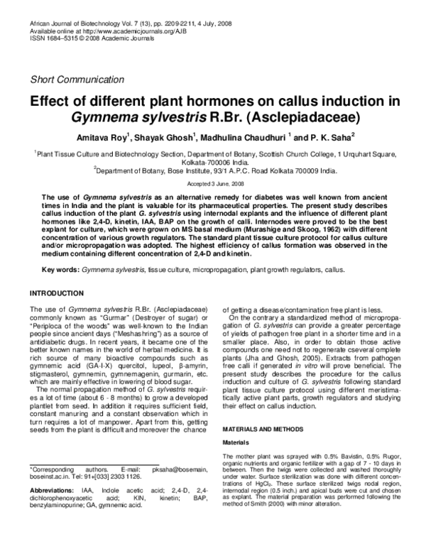 (PDF) Effect of different plant hormones on callus induction in Gymnema ...