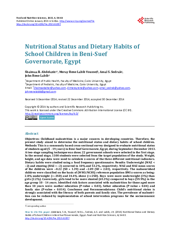 (PDF) Nutritional Status and Dietary Habits of School Children in Beni ...