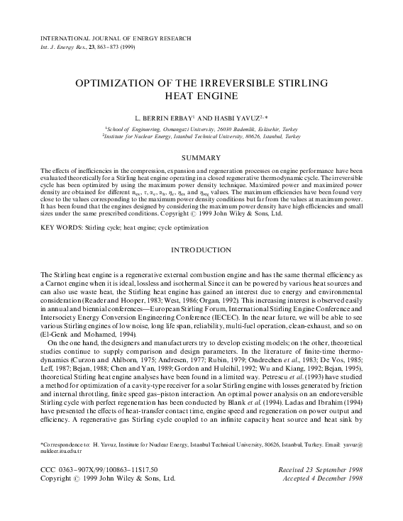 (PDF) Optimization of the irreversible Stirling heat engine | L. Berrin ...