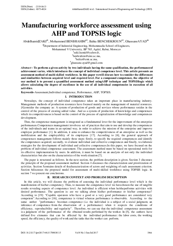 (PDF) Manufacturing workforce assessment using AHP and TOPSIS logic