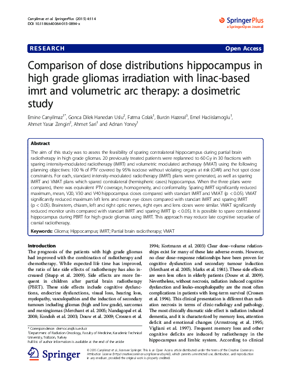 (PDF) Comparison of dose distributions hippocampus in high grade ...