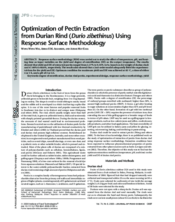 (PDF) Optimization of Pectin Extraction from Durian Rind ( Durio