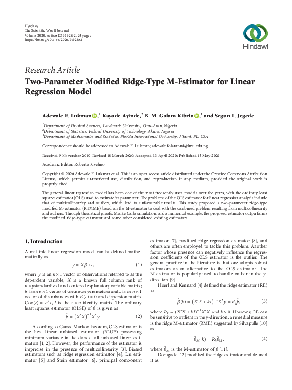 (PDF) Two-Parameter Modified Ridge-Type M-Estimator for Linear ...