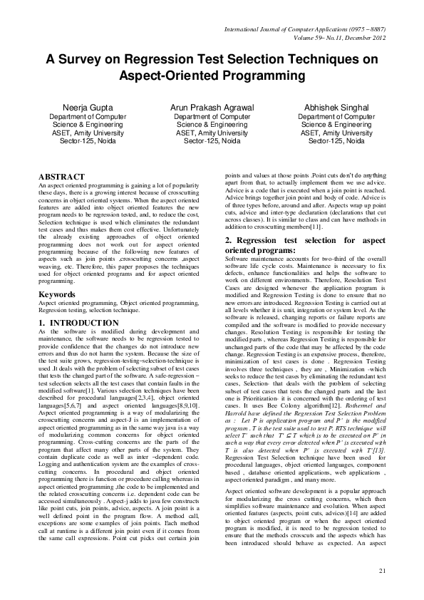 (PDF) A Survey on Regression Test Selection Techniques on Aspect ...