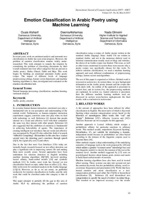 (PDF) Emotion Classification in Arabic Poetry using Machine Learning