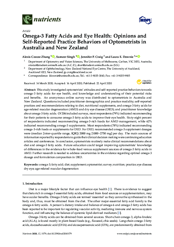 PDF) Omega-3 Fatty Acids and Eye Health: Opinions and Self-Reported  Practice Behaviors of Optometrists in Australia and New Zealand | Jennifer  Craig - Academia.edu