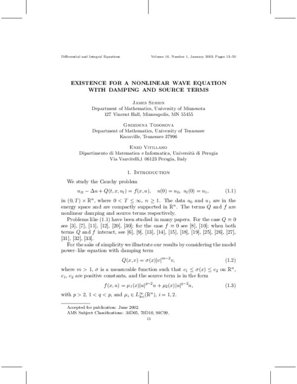 (PDF) Existence for a nonlinear wave equation with damping and source terms