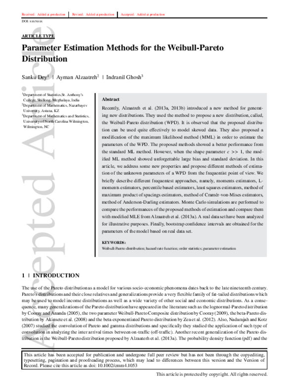 (PDF) Parameter Estimation Methods for the Weibull-Pareto Distribution