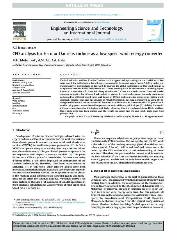 (PDF) CFD analysis for H-rotor Darrieus turbine as a low speed wind ...