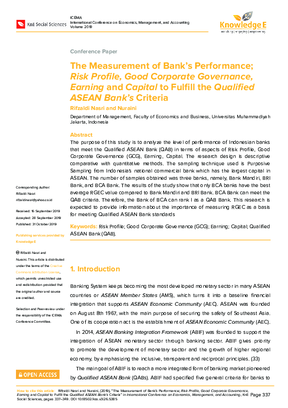 (PDF) The Measurement of Bank’s Performance; Risk Proﬁle, Good ...