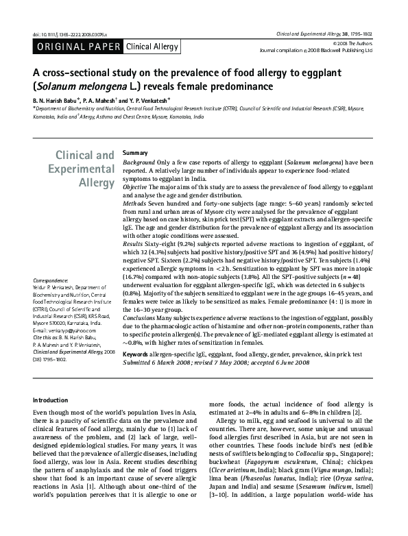 (PDF) A crosssectional study on the prevalence of food allergy to eggplant ( Solanum melongena
