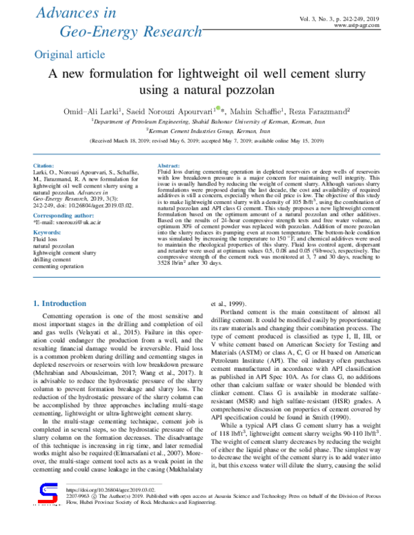 (PDF) A new formulation for lightweight oil well cement slurry using a ...