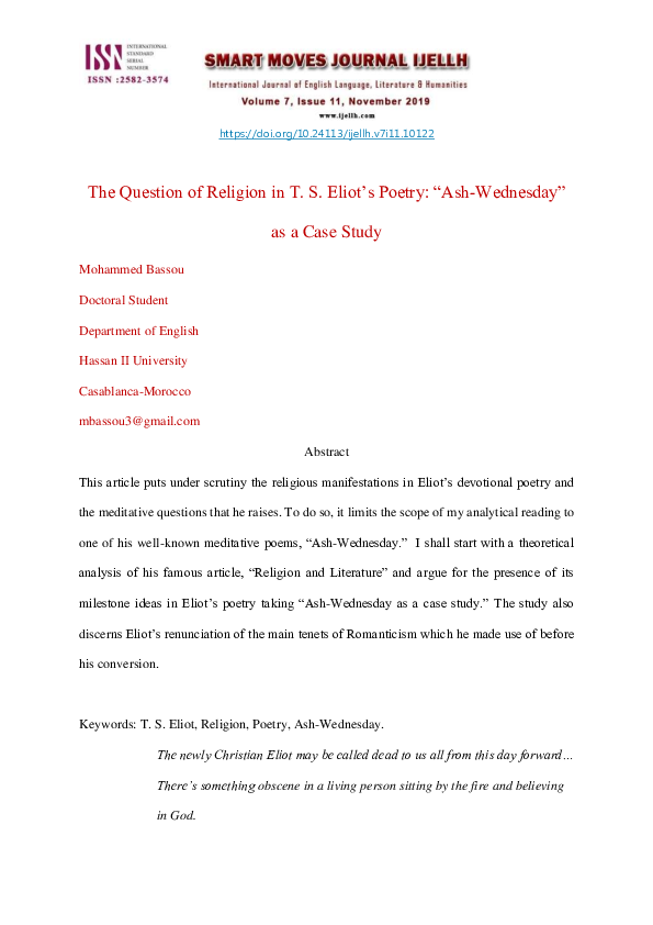 (PDF) The Question of Religion in T. S. Eliot’s Poetry: “Ash-Wednesday ...