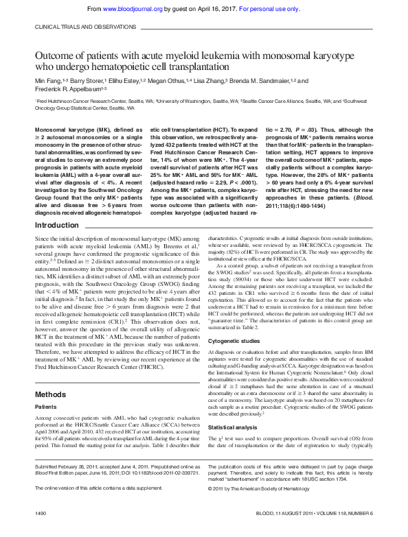 (PDF) Outcome of patients with acute myeloid leukemia with monosomal ...