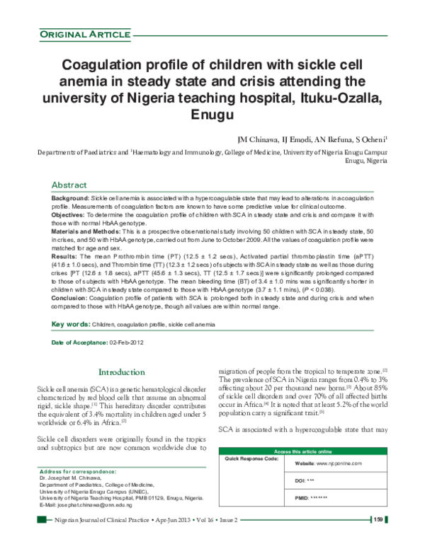 (PDF) Coagulation profile of children with sickle cell anemia in steady ...