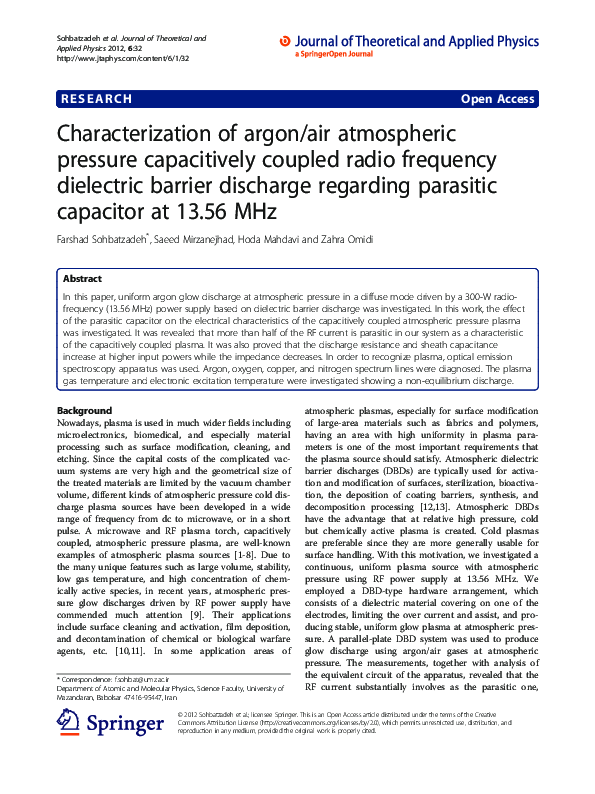 (PDF) Characterization of argon/air atmospheric pressure capacitively ...