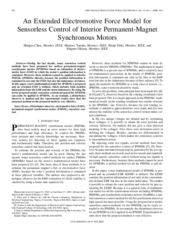 (PDF) An extended electromotive force model for sensorless control of