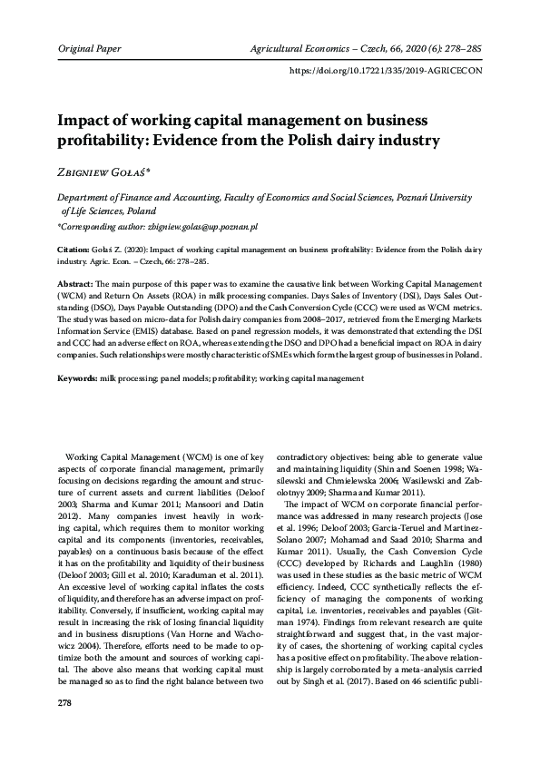 (PDF) Impact of working capital management on business profitability ...