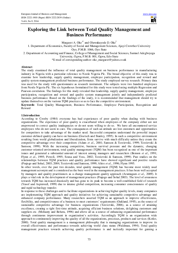 (PDF) Exploring the Link between Total Quality Management and Business ...