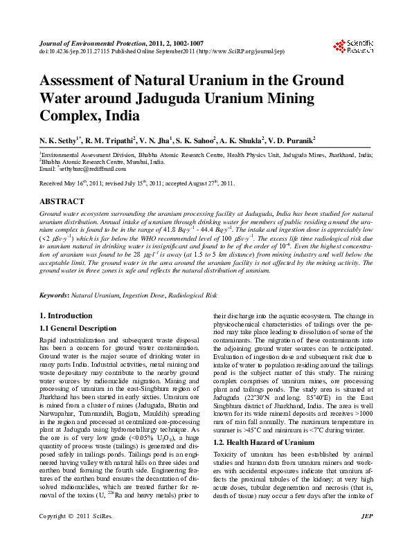 (PDF) Assessment of Natural Uranium in the Ground Water around Jaduguda ...