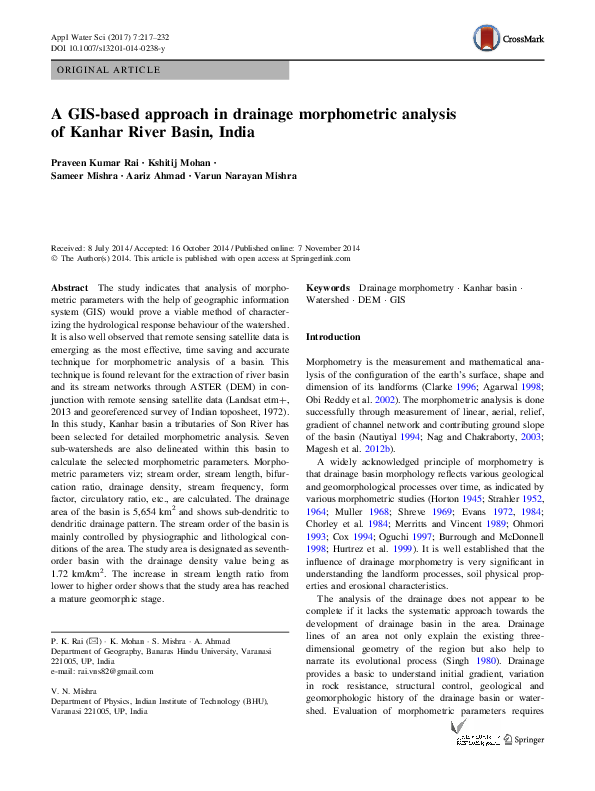 (PDF) A GIS-based approach in drainage morphometric analysis of Kanhar ...