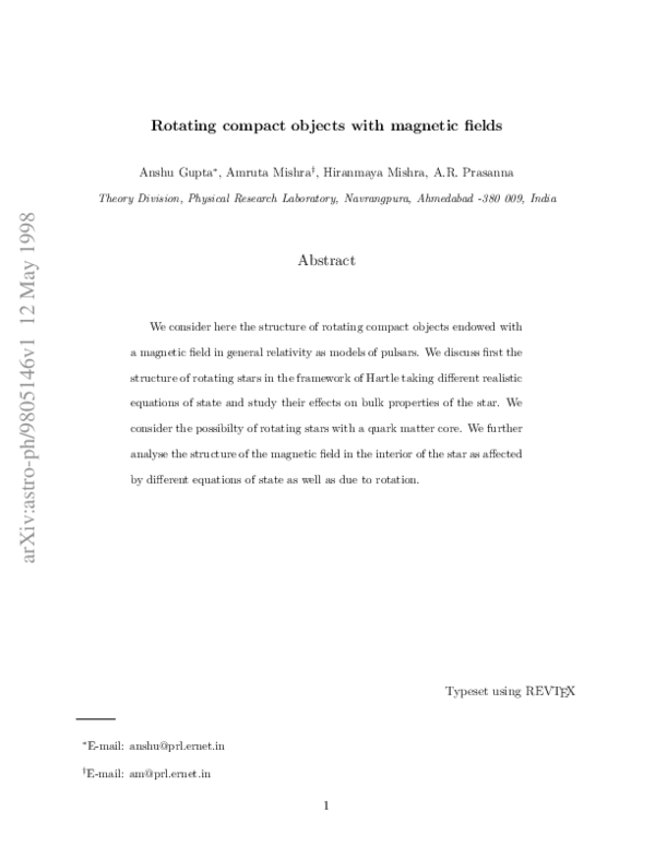 (PDF) Rotating compact objects with magnetic fields