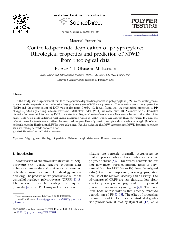 (PDF) Controlled-peroxide degradation of polypropylene: Rheological ...