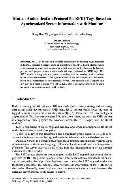 (PDF) Mutual authentication protocol for RFID tags based on ...