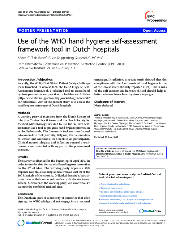 (PDF) Use of the WHO hand hygiene selfassessment framework tool in Dutch hospitals Margreet