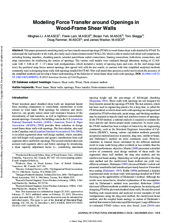 (PDF) Modeling Force Transfer around Openings in Wood-Frame Shear Walls