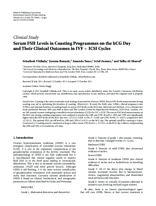 (PDF) Serum FSH Levels in Coasting Programmes on the hCG Day and Their ...