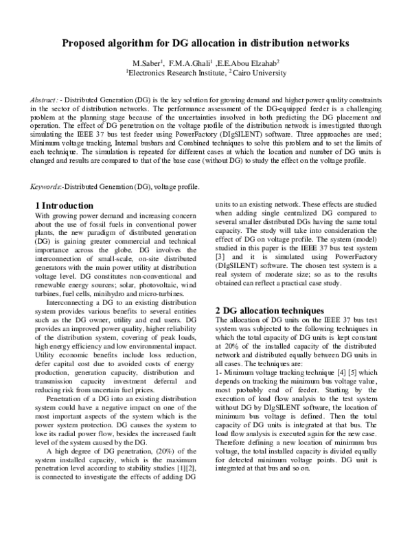 (PDF) Proposed algorithm for DG allocation in distribution networks