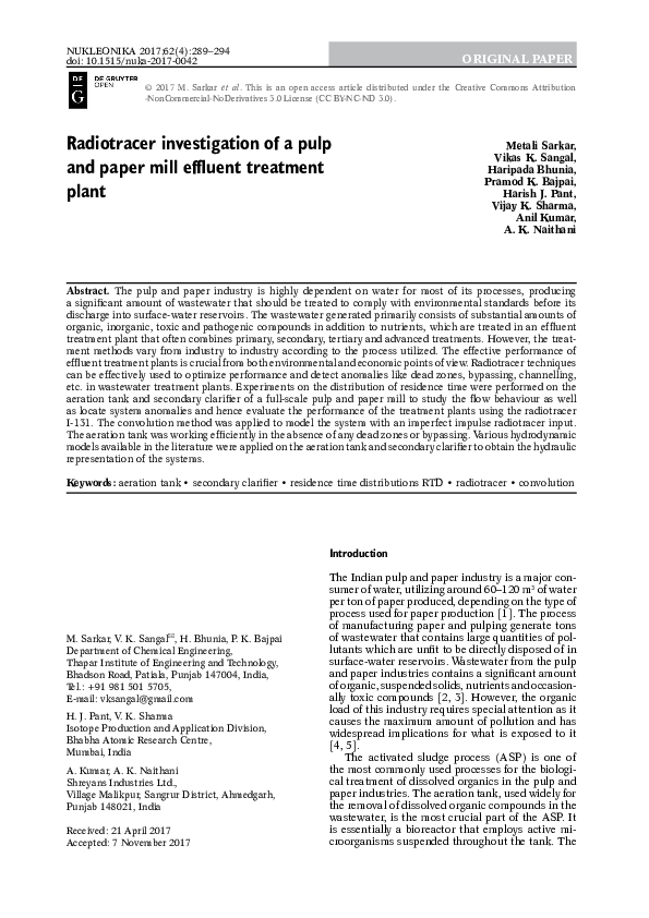 (PDF) Radiotracer investigation of a pulp and paper mill effluent ...