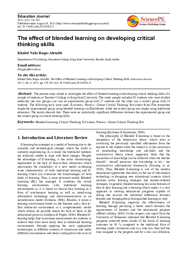 (PDF) The Effect of Blended Learning on Developing Critical Thinking Skills