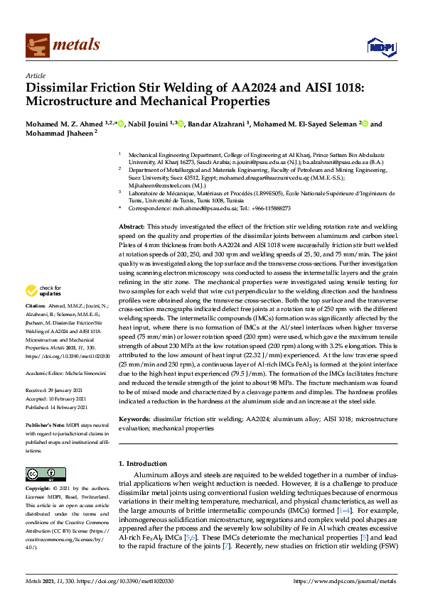 (PDF) Dissimilar Friction Stir Welding of AA2024 and AISI 1018 ...
