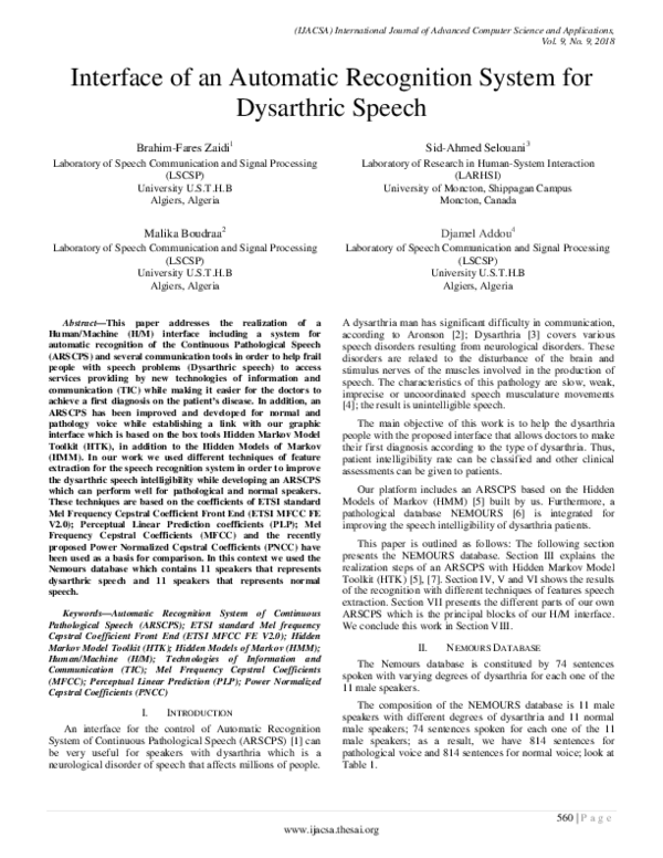 (PDF) Interface of an Automatic Recognition System for Dysarthric Speech