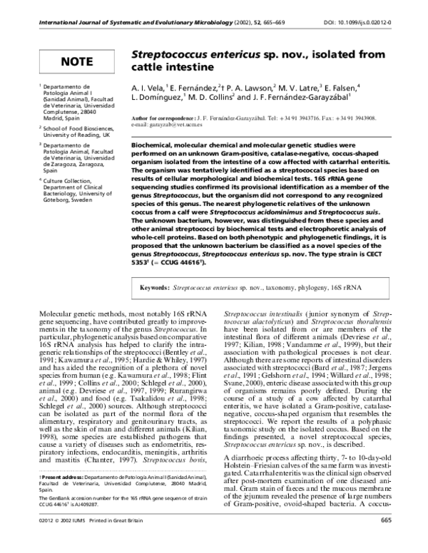 (PDF) Streptococcus entericus sp nov., isolated from cattle intestine