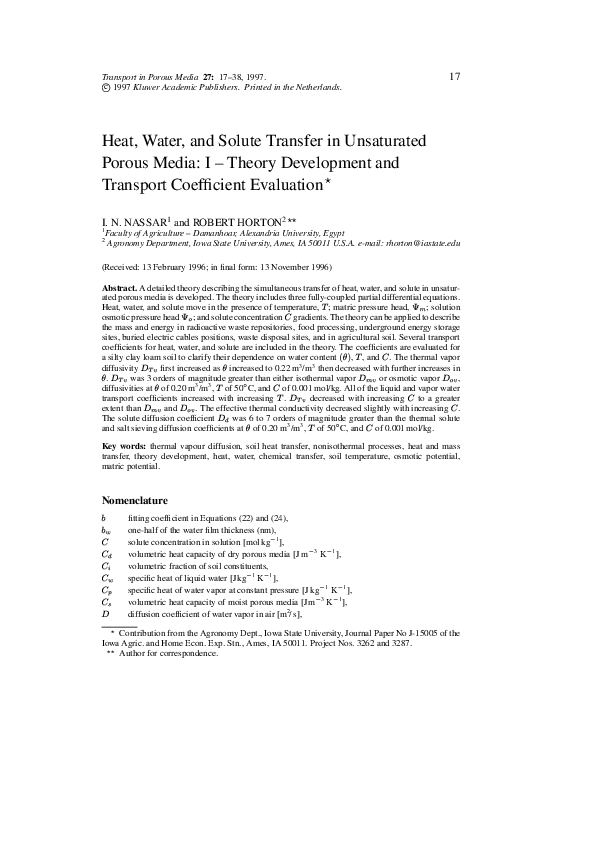 (PDF) Heat, Water, and Solution Transfer in Unsaturated Porous Media: I ...