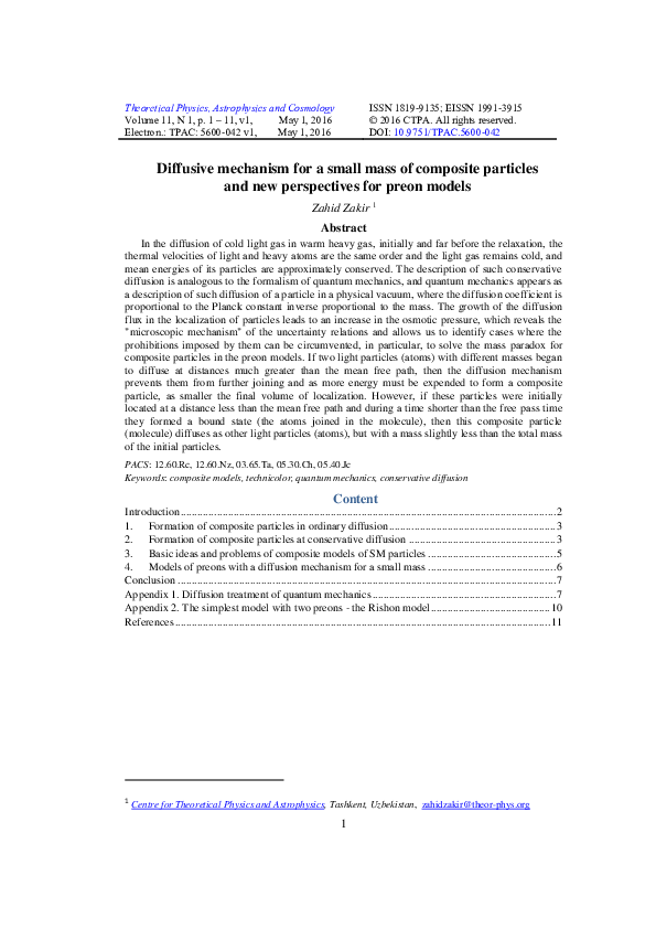 (PDF) Diffusive mechanism for a small mass of composite particles and ...