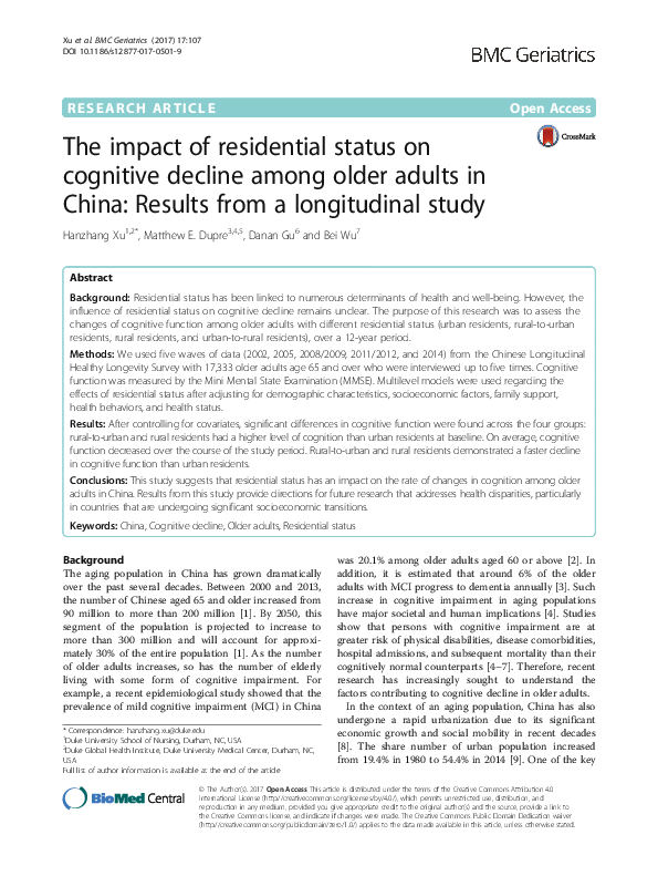 (PDF) The impact of residential status on cognitive decline among older ...