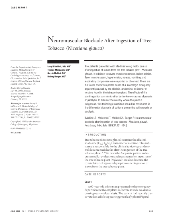 Pdf Neuromuscular Blockade After Ingestion Of Tree Tobacco Nicotiana Glauca Larry Mellick Academia Edu