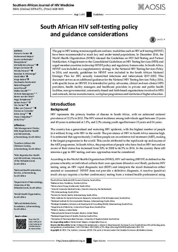 (PDF) South African HIV self-testing policy and guidance considerations