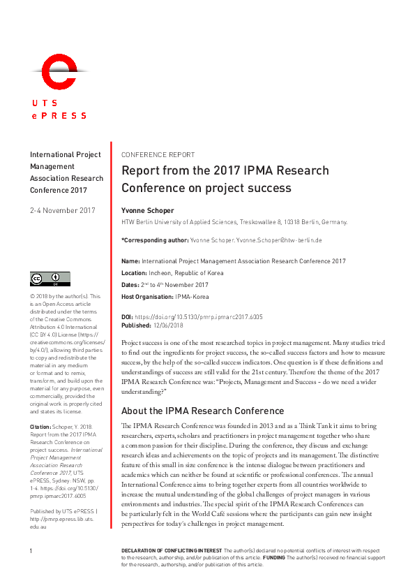  PDF Report From The 2017 IPMA Research Conference On Project Success Yvonne Schoper 