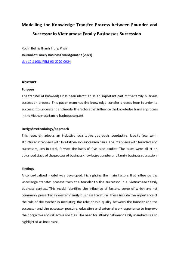 Free Pdf) Modelling The Knowledge Transfer Process Between Founder And  Successor In Vietnamese Family Businesses Succession | Robin Bell -  Academia.edu