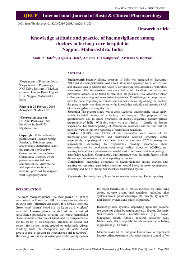 (PDF) Knowledge attitude and practice of haemovigilance among doctors ...