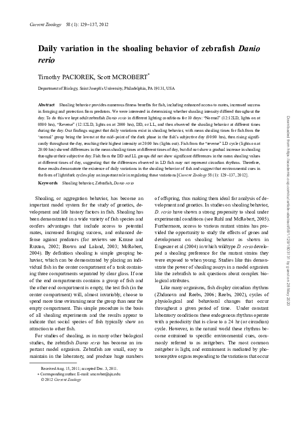 (PDF) Daily variation in the shoaling behavior of zebrafish Danio rerio