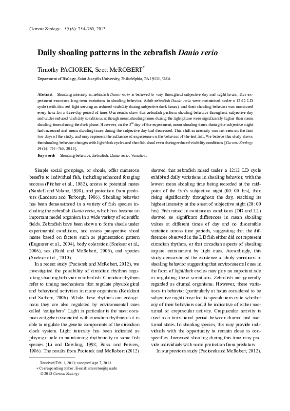 (PDF) Daily shoaling patterns in the zebrafishDanio rerio