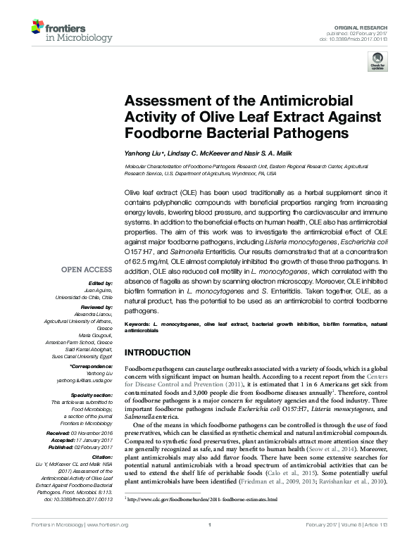 (PDF) Assessment of the Antimicrobial Activity of Olive Leaf Extract ...