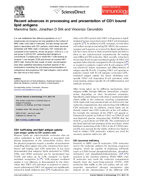 (PDF) Recent advances in processing and presentation of CD1 bound lipid ...